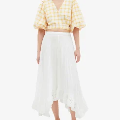CLAUDIE PIERLOT Elode Asymmetric-hem Embroidered-trim Pleated Woven Midi Skirt -Outlet Pique Style Store R04104834 NATURELS ALT04