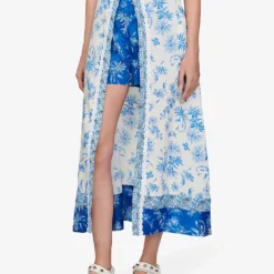 Sandro Albertville Floral-print Linen-blend Midi Skirt 7 Sandro Albertville Floral-print Linen-blend Midi Skirt -Outlet Pique Style Store R04111314 BLEUS ALT02