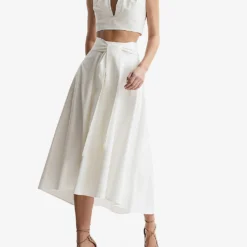 Reiss Rebecca Asymmetric-hem Stretch-cotton Midi Skirt -Outlet Pique Style Store R04118950 WHITE ALT01