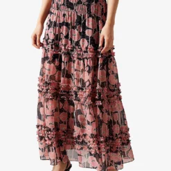Ted Baker Allesaa Floral-print Tiered Recycled-polyester Maxi Skirt -Outlet Pique Style Store R04121162 BLACK ALT02