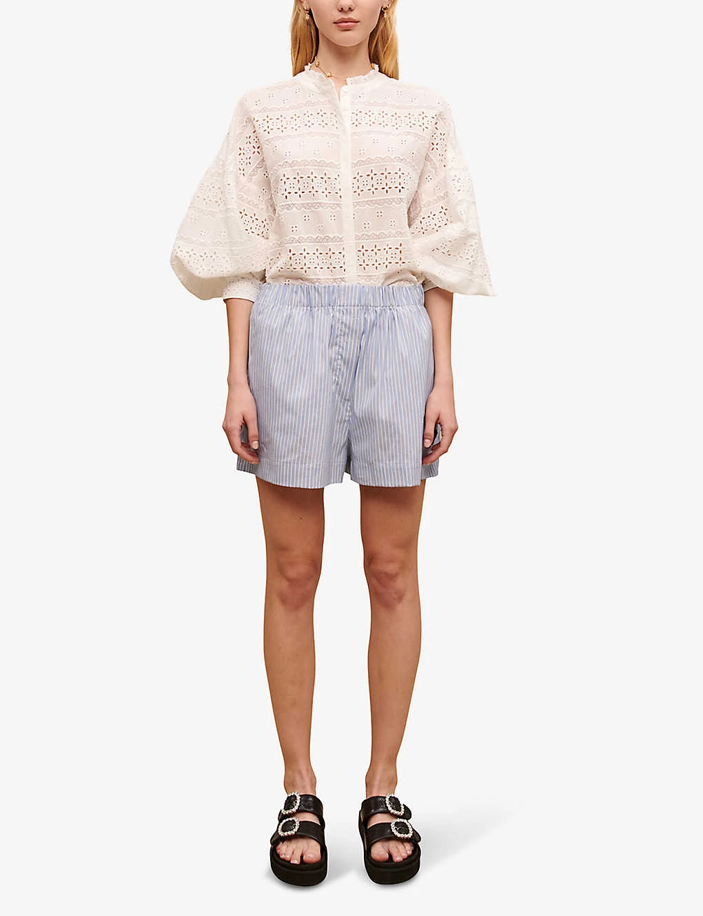 Maje Striped Elasticated-waist Stretch Cotton-blend Shorts 2 Maje Striped Elasticated-waist Stretch Cotton-blend Shorts - Image 2