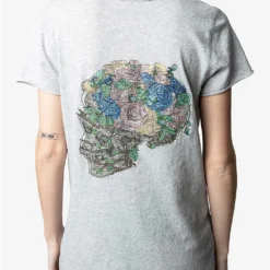 Zadig & Voltaire Henley Skull And Floral-embellished Cotton-jersey T-shirt -Outlet Pique Style Store R04121844 GRISCHINE ALT03