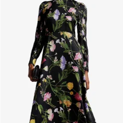 Ted Baker Arianya Scattered Bouquet-print Recycled-polyester Midi Dress -Outlet Pique Style Store R04125130 BLACK ALT02