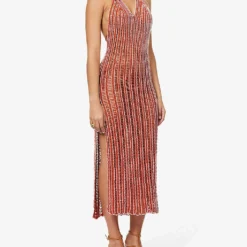 V-neck Striped Crochet-knit Maxi Dress 7 V-neck Striped Crochet-knit Maxi Dress -Outlet Pique Style Store R04126875 GOLDFLAME ALT02