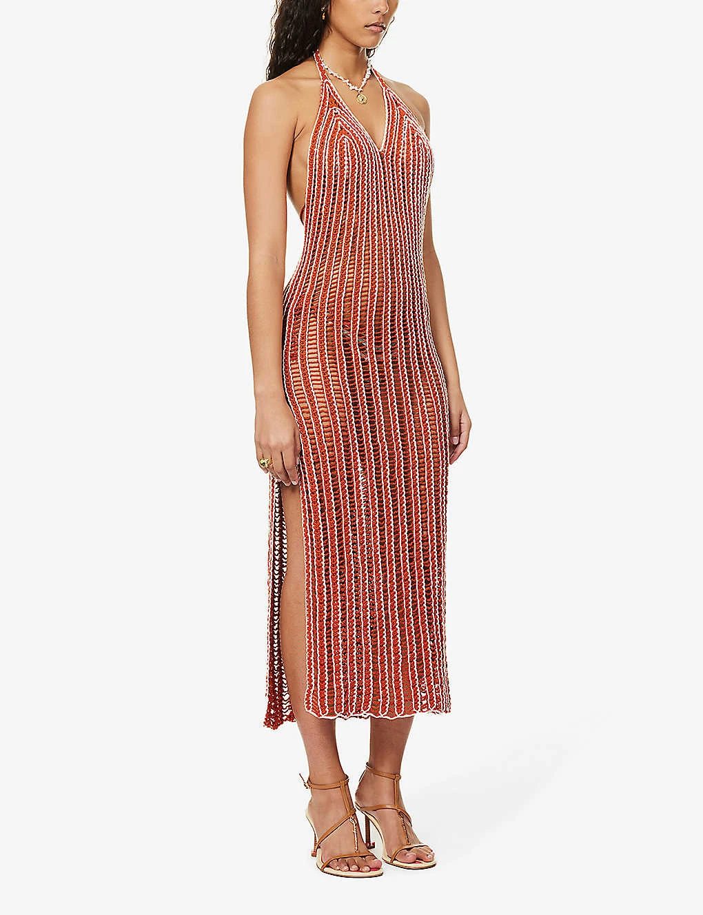 V-neck Striped Crochet-knit Maxi Dress 3 V-neck Striped Crochet-knit Maxi Dress - Image 3