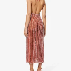 V-neck Striped Crochet-knit Maxi Dress 8 V-neck Striped Crochet-knit Maxi Dress -Outlet Pique Style Store R04126875 GOLDFLAME ALT03
