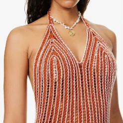 V-neck Striped Crochet-knit Maxi Dress 9 V-neck Striped Crochet-knit Maxi Dress -Outlet Pique Style Store R04126875 GOLDFLAME ALT04