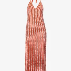 V-neck Striped Crochet-knit Maxi Dress