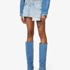 Abstract-panels Distressed Upcycled Denim Mini Skirt -Outlet Pique Style Store R04127905 MIDBLUE ALT02