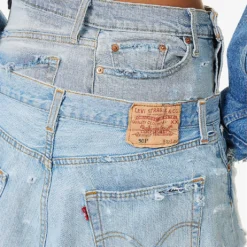 Abstract-panels Distressed Upcycled Denim Mini Skirt -Outlet Pique Style Store R04127905 MIDBLUE ALT04