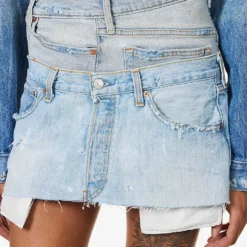 Abstract-panels Distressed Upcycled Denim Mini Skirt -Outlet Pique Style Store R04127905 MIDBLUE ALT05