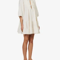 Katja Tiered-hem Cut-out Organic-linen Mini Dress -Outlet Pique Style Store R04128934 WHITE ALT02