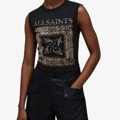 AllSaints Imogen Branded-print Cotton-jersey Top -Outlet Pique Style Store R04134784 BLACK ALT02