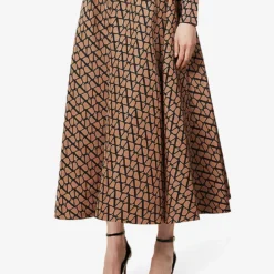 Valentino Monogram-print A-line Satin Midi Skirt -Outlet Pique Style Store R04135633 LIGHTCAMELNERO ALT02