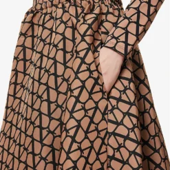 Valentino Monogram-print A-line Satin Midi Skirt -Outlet Pique Style Store R04135633 LIGHTCAMELNERO ALT04
