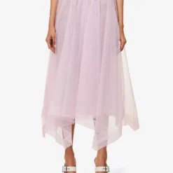 Alexander McQueen Flared-hem Mid-rise Mesh Midi Skirt -Outlet Pique Style Store R04136210 PORCELAIN ALT02