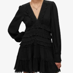 AllSaints Zora Ruffled Woven Mini Dress -Outlet Pique Style Store R04136396 BLACK ALT02