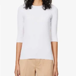 Vince Three Quarter-length Sleeve Ribbed Stretch-woven Top -Outlet Pique Style Store R04137205 OPTICWHITE ALT02