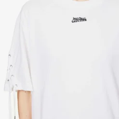 Jean Paul Gaultier Flowers Lace-up Cotton-jersey T-shirt -Outlet Pique Style Store R04137675 WHITE ALT04