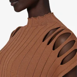 Cut-out Shoulder Knitted Maxi Dress -Outlet Pique Style Store R04141924 CAMEL ALT03