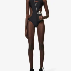 Marine Serre Logo-embroidered Scoop-neck Stretch-recycled Polyamide Swimsuit -Outlet Pique Style Store R04142122 BLACK ALT01