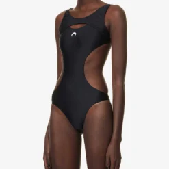 Marine Serre Logo-embroidered Scoop-neck Stretch-recycled Polyamide Swimsuit -Outlet Pique Style Store R04142122 BLACK ALT02
