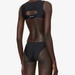 Marine Serre Logo-embroidered Scoop-neck Stretch-recycled Polyamide Swimsuit -Outlet Pique Style Store R04142122 BLACK ALT03