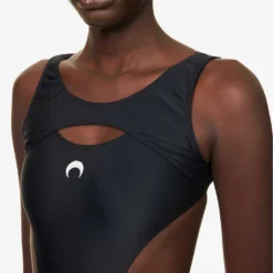Marine Serre Logo-embroidered Scoop-neck Stretch-recycled Polyamide Swimsuit -Outlet Pique Style Store R04142122 BLACK ALT04