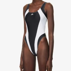 Marine Serre Logo-embossed Panelled Swimsuit -Outlet Pique Style Store R04142127 BLACK ALT02