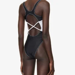 Marine Serre Logo-embossed Panelled Swimsuit -Outlet Pique Style Store R04142127 BLACK ALT03