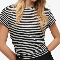 AllSaints Anna Striped Regular-fit Cotton-blend T-shirt -Outlet Pique Style Store R04146611 CHALKINK ALT02