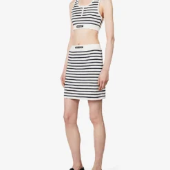 Miu Miu Striped-pattern High-rise Cotton-knit Mini Skirt -Outlet Pique Style Store R04149737 BIANCOBLU ALT01