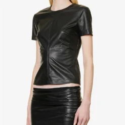 Helmut Lang Darted Round-neck Regular-fit Faux Leather T-shirt -Outlet Pique Style Store R04150630 BLACK ALT02