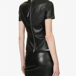 Helmut Lang Darted Round-neck Regular-fit Faux Leather T-shirt -Outlet Pique Style Store R04150630 BLACK ALT03