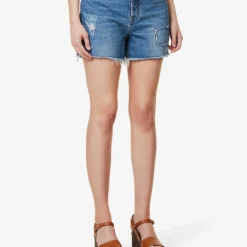 ME AND EM High-rise Distressed-panel Denim Shorts -Outlet Pique Style Store R04151522 BLUE ALT02