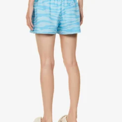 Ganni Tiger-print Drawstring-waist Organic-cotton Shorts -Outlet Pique Style Store R04152882 ETHEREALBLUE ALT03