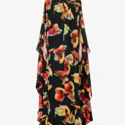 Alexander McQueen Orchid-print Draped-sleeve Silk Kaftan Gown -Outlet Pique Style Store R04153269 BLACK ALT02