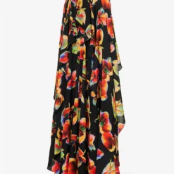 Alexander McQueen Orchid-print Draped-sleeve Silk Kaftan Gown -Outlet Pique Style Store R04153269 BLACK ALT03