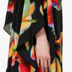 Alexander McQueen Orchid-print Draped-sleeve Silk Kaftan Gown -Outlet Pique Style Store R04153269 BLACK ALT04