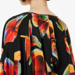 Alexander McQueen Orchid-print Draped-sleeve Silk Kaftan Gown -Outlet Pique Style Store R04153269 BLACK ALT05