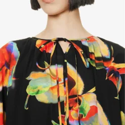 Alexander McQueen Orchid-print Draped-sleeve Silk Kaftan Gown -Outlet Pique Style Store R04153269 BLACK ALT06