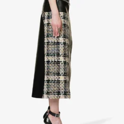Alexander McQueen Contrast-panel Tweed And Leather Midi Skirt -Outlet Pique Style Store R04154722 BLACKMULTICOLOR ALT02