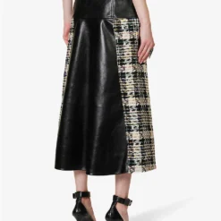 Alexander McQueen Contrast-panel Tweed And Leather Midi Skirt -Outlet Pique Style Store R04154722 BLACKMULTICOLOR ALT03