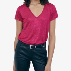 Ikks V-neck Short-sleeved Linen T-shirt -Outlet Pique Style Store R04156271 PURPLE ALT02