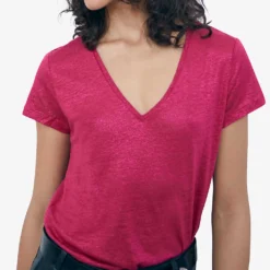 Ikks V-neck Short-sleeved Linen T-shirt -Outlet Pique Style Store R04156271 PURPLE ALT04