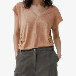 Ikks V-neck Regular-fit Linen T-shirt -Outlet Pique Style Store R04156324 DARKBEIGE ALT02