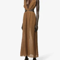 Plunge-neck Cut-out Linen Maxi Dress 7 Plunge-neck Cut-out Linen Maxi Dress -Outlet Pique Style Store R04157401 OLIVE ALT02