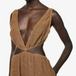 Plunge-neck Cut-out Linen Maxi Dress 9 Plunge-neck Cut-out Linen Maxi Dress -Outlet Pique Style Store R04157401 OLIVE ALT04