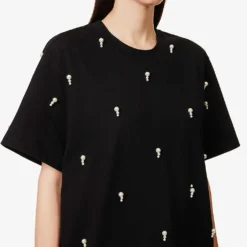 STELLA MCCARTNEY Pearl-embellished Ribbed-trim Cotton-jersey T-shirt -Outlet Pique Style Store R04160801 BLACK ALT04
