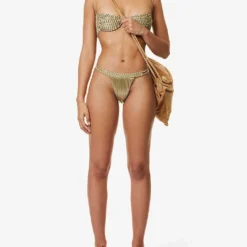 Woven Elasticated-waist Mid-rise Bikini Bottoms -Outlet Pique Style Store R04161528 GOLD ALT01